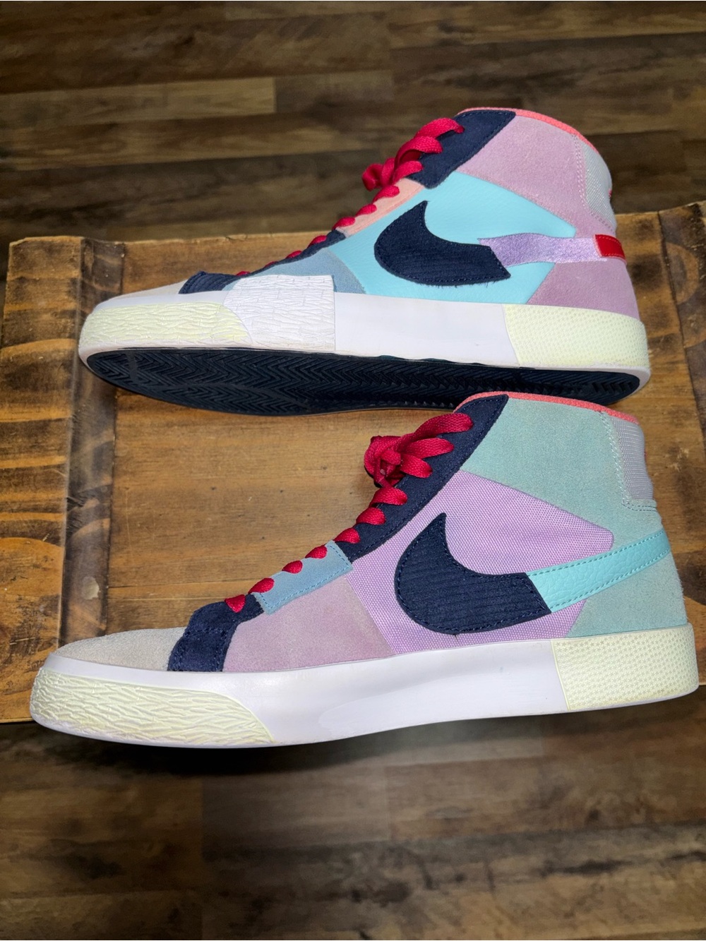 Nike High-Top Patchwork Sneakers in Mint, Lavender & Pink with Navy Swoosh